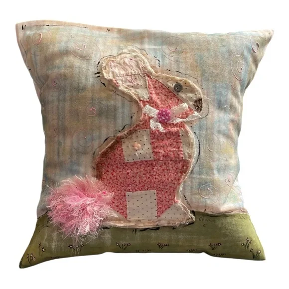 Handmade , Hand crafted and hand painted by me.Patchwork Bunny Decorative Pillow - Picture 3 of 3